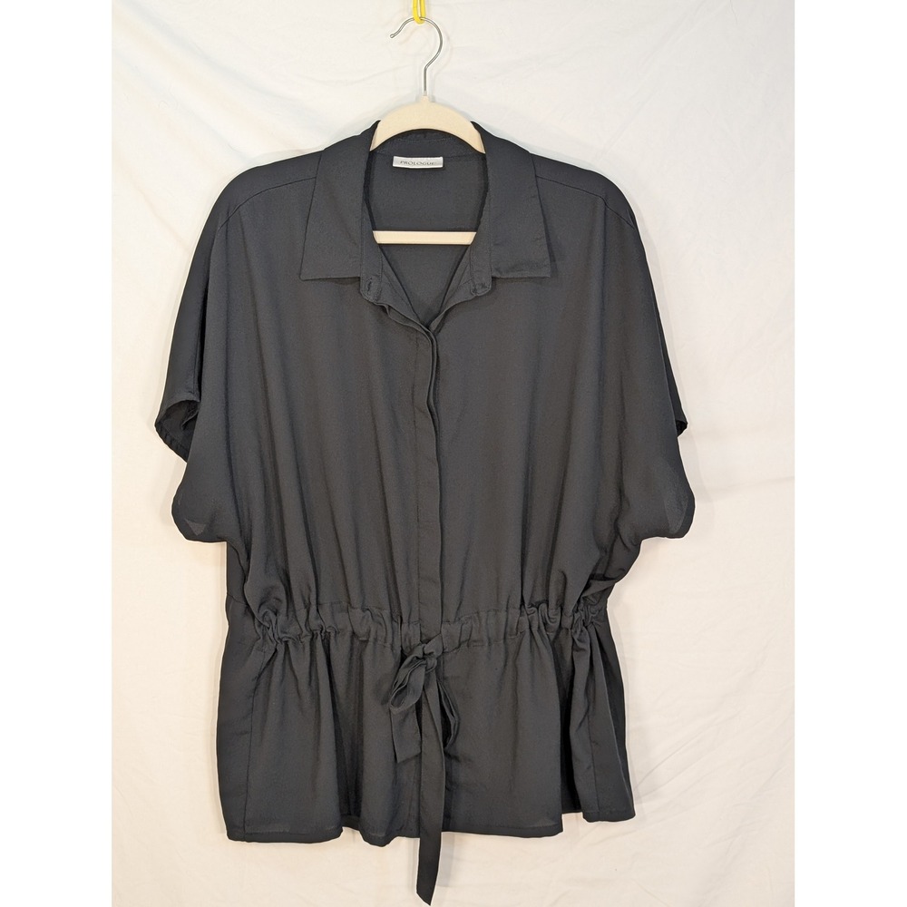 Prologue Black Short Sleeve Drawstring Waist Button Down Blouse Top